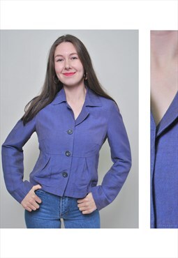 90s blue shirt, cotton women blouse, big buttons vintage