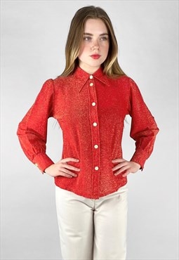 70's Red Vintage Ladies Dagger Collar Blouse Gold Lurex 