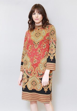 VINTAGE 1970'S GREEN & RED PAISLEY FOLK FLUTED SLEEVE DRESS