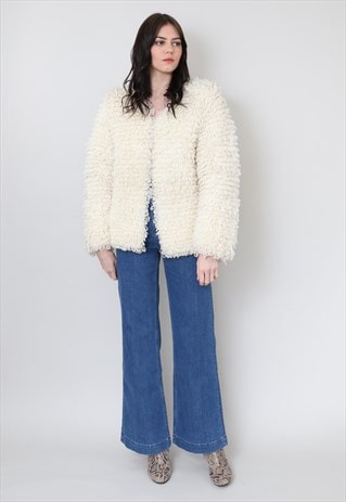 70's Vintage Ladies Cream Wool Loop Cardigan Jacket 