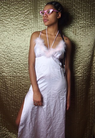 BABY PINK SLIP DRESS WITH FAUX FUR