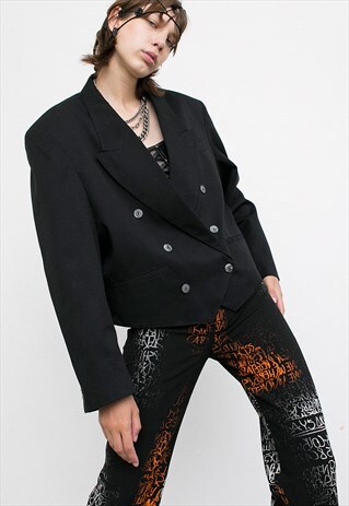VINTAGE BLAZER JACKET CROPPED BLACK SHORT DOUBLE BREASTED