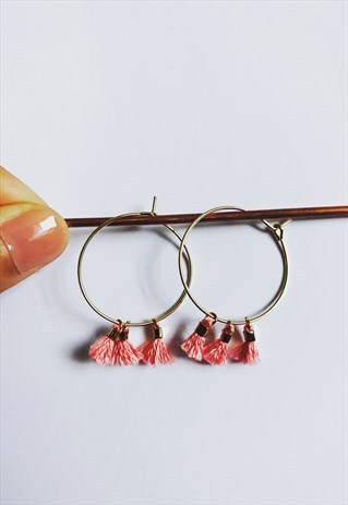SALMON PINK MINI TASSEL GOLD HOOPS