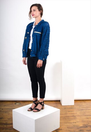 FAUX DENIM BOMBER JACKET / RUFFLED SLEEVES BOLD JACKET