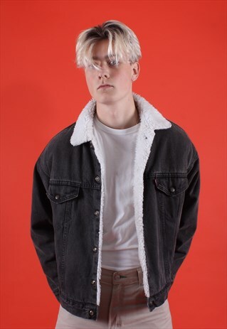 VINTAGE LEVI'S FADED BLACK DENIM SHERPA JACKET