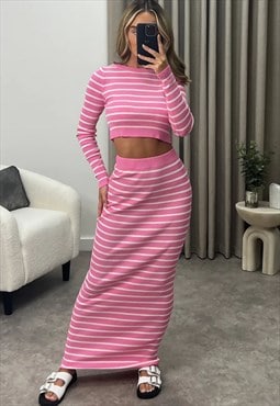 Justyouroutfit Stripe Crop Top and Maxi Skirt Knitted Co-Ord