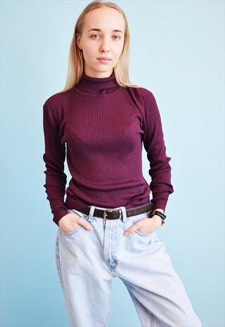 90'S RETRO GRUNGE TURTLENECK PURPLE KNIT JUMPER TOP
