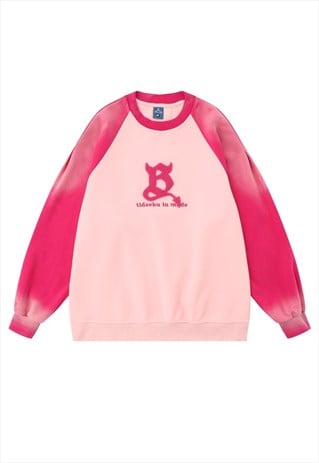 RAGLAN SWEATSHIRT ACID WASH THIN JUMPER SKATER TOP IN PINK