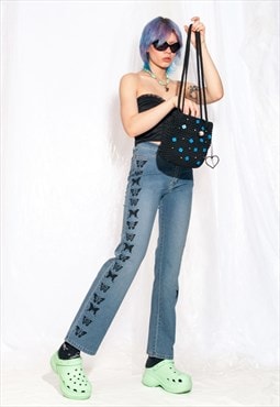 Vintage Flare Jeans Y2K Reworked Butterfly Painted Pants