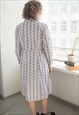 VINTAGE 60'S WHITE PATTERNED COTTON MIDI LONG SLEEVED DRESS