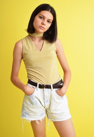 90'S RETRO BOHO GOLDEN SHIMMER V-NECK LYCRA TOP
