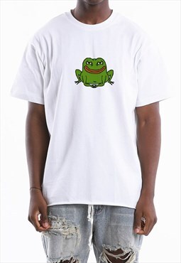 White Funny Frog Printed Meme Heavy Cotton T shirt Tee Y2k