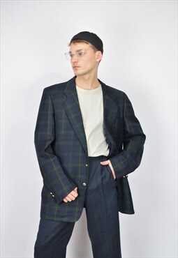 Vintage dark blue classic checkered wool suit blazer 
