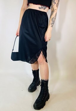 Vintage 90s 00s Y2K Satin Mini Black Lace Grunge Slip Skirt
