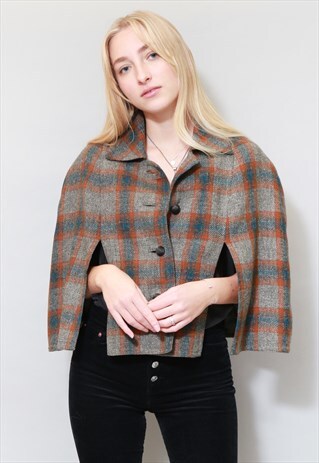 VINTAGE 1970'S GREY, ORANGE & BLUE CHECKED WOOL CAPE
