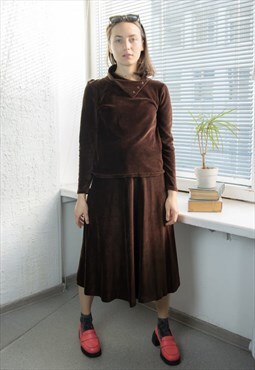 Vintage 80's Brown Velvet Skirt and Blouse Co-ordinate