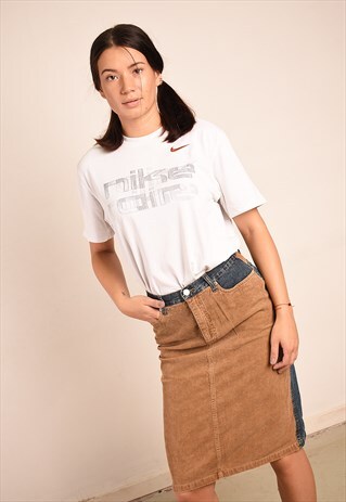 VINTAGE Y2K CORDUROY & DENIM REGULAR WAIST PENCIL MIDI SKIRT