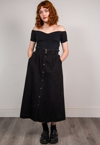 90'S VINTAGE BLACK DENIM MIDI SKIRT