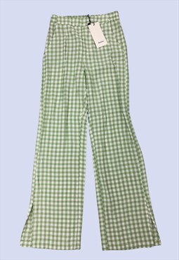 Green White Gingham Check High Waist Side Slit Trousers