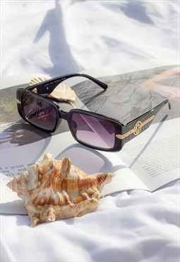 Black Rectangle Sunglasses with Floral Monogram Arm Detail