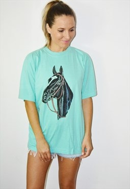 Vintage 90s Rare Single stitch HORSE Print T-Shirt Tee