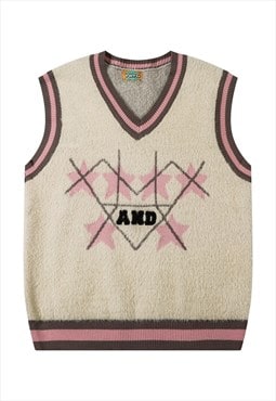 Fluffy sleeveless sweater geometric knitwear gilet jumper