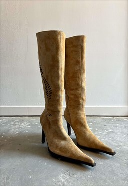 Vintage 00s Cowboy Suede Heeled Boots With Leaf Details