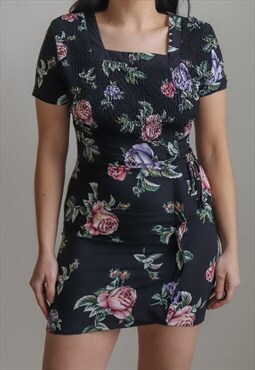 Vintage 90s Mini Dress in Black Floral Print