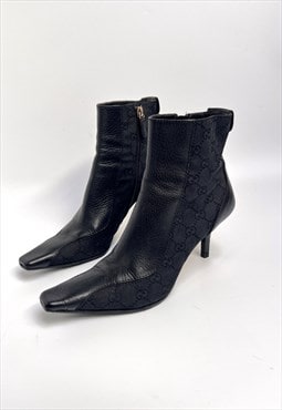 Gucci Boots Black Ankle Heels GG Logo Monogram Canvas UK 4