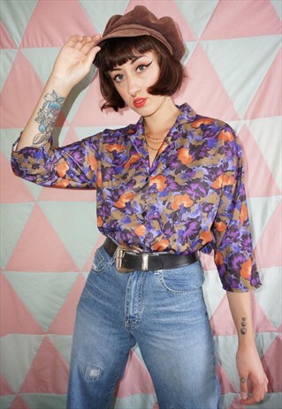 VINTAGE 70S PURPLE FLORAL PATTERNED SHIRT