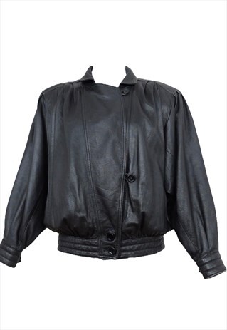 VINTAGE BLACK LEATHER JACKET OVERSIZED 80S MOTO ROCKER