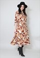70's Vintage Brown Floral Print Batwing Midi Cotton Dress