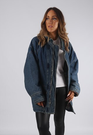 VINTAGE DENIM JACKET OVERSIZED LONGLINE LONG UK 16 (JR2E)