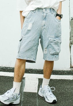 Blue Washed Cargo Cotton Relaxed Fit shorts Y2k