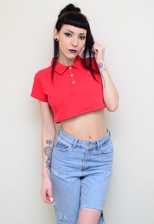 00'S RETRO RED REWORKED CROPPED TOMMY HILFIGER POLO SHIRT