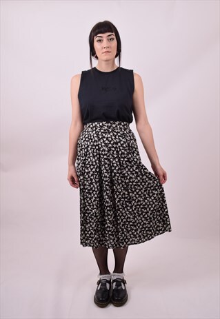 VINTAGE 80'S BLACK WHITE FLOWER PRINT SKIRT SIZE 8 10 12