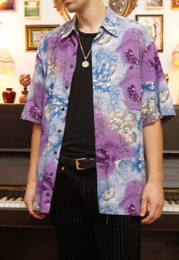 Vintage 90s Abstract Beach Patterned Shirt in Purple & Blue