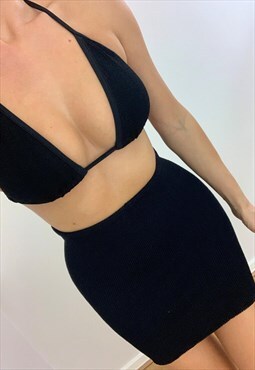 Triangle Top and Mini Skirt Co-ord in Black Crinkle