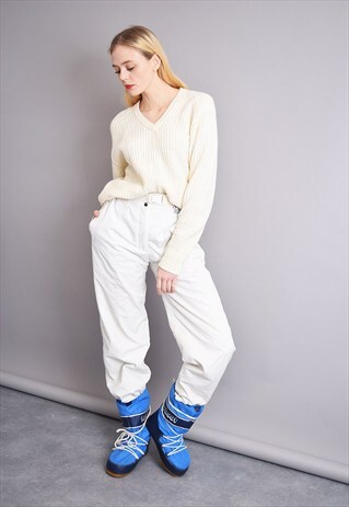 80'S RETRO WHITE WINTER LOOSE SKIING DESIGNER ELLE TROUSERS