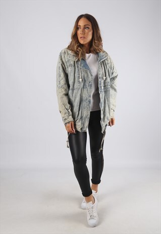 VINTAGE DENIM BOMBER JACKET OVERSIZED ACID WASH UK 14 (CR2U)