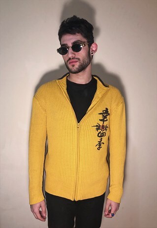 2000S VIBE ASIAN QUOTE ZIPPER CARDIGAN