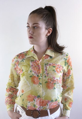 WOMENS VINTAGE 80S BLOUSE YELLOW FLORAL LONG SLEEVED SHIRT