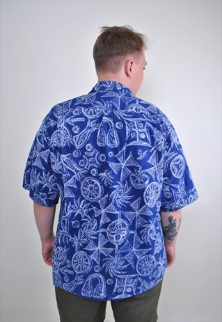 ABSTRACT PRINT BLUE VOCATION SHIRT, SIZE M