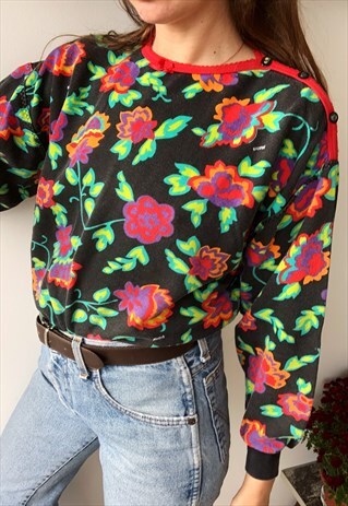 VINTAGE 80S MULTICOLOR FLORAL SWEATSHIRT JUMPER PULLOVER