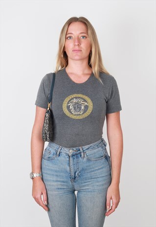 VINTAGE GIANNI VERSACE GREY EMBROIDERED LOGO TOP