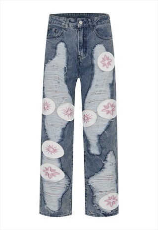 SHREDDED JEANS DISTRESSED GRUNGE PATCH DENIM PANTS IN BLUE
