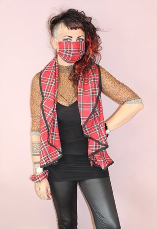 RED TARTAN CHECKED WAISTCOAT CAPE GILLET ONE SIZE PUNK
