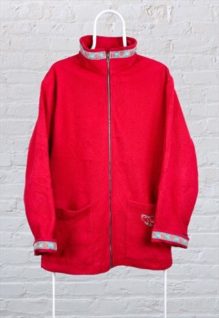 VINTAGE FLEECE JACKET POLARTEC FLORAL RED WOMEN'S LARGE