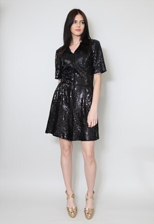 Vintage 80's Ladies All In One Playsuit  Black Sequin