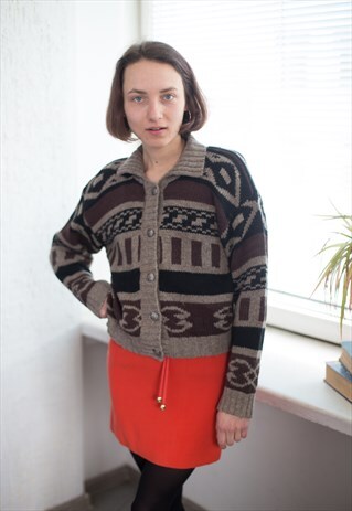 VINTAGE 70'S PATTERNED WOOL CARDIGAN IN BROWN